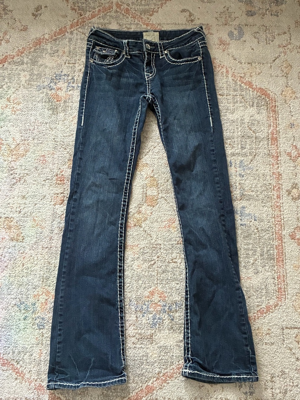 L.A. idol Dark Blue Flare Jeans with Contrast Stitching - Y2K-Vintage